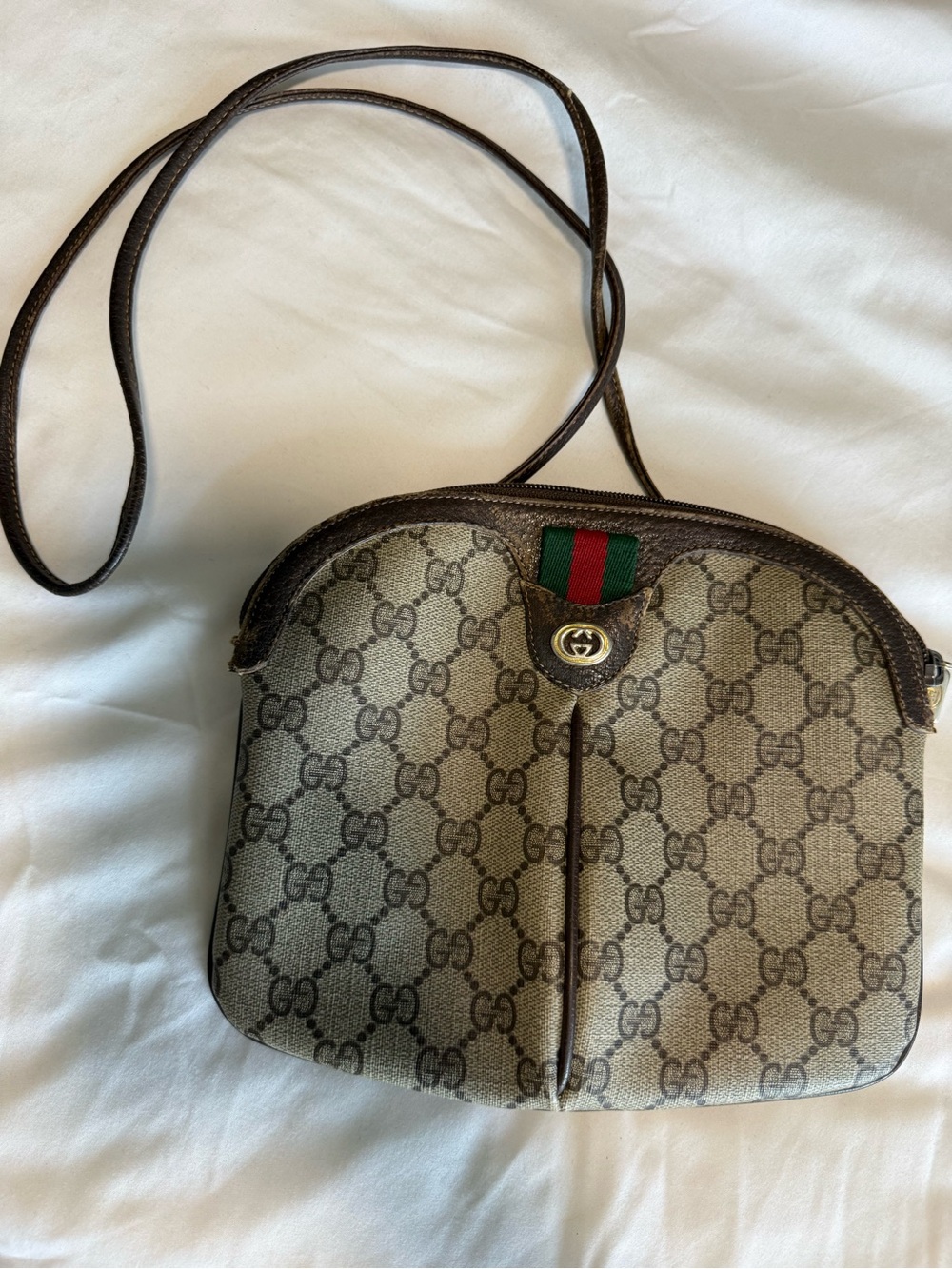 Gucci Beige Brown GG Supreme Crossbody with Green-Red Web